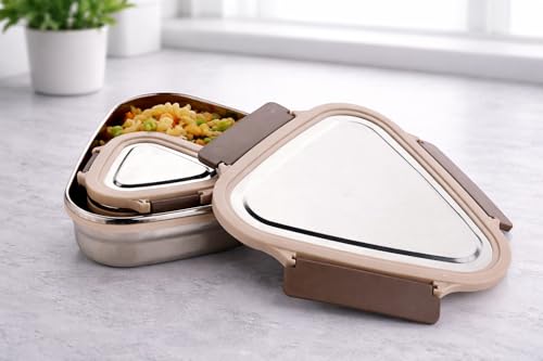 Image of Stainless Steel Triangle Lunch Box for Office School Use | Leakage Proof Safe Food Containers with Side Clip Locks for College,Travel,Picnic | Lunch Box for Kids Boys Girls (800ml+180ml)