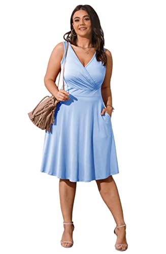 Image of POSESHE Womens Plus Size Dresses Sleeveless Wrap V-Neck Sundress Casual Summer Wedding Guest Cocktail Dress with Pockets