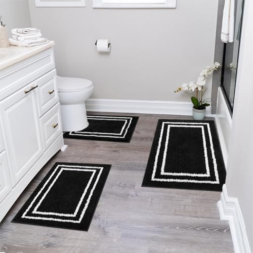 Image of Uphome Bathroom Rugs Sets 3 Piece, Shaggy Microfiber Soft Bath Mat Set with U Shaped Toilet Rug, Absorbent Non-Slip Washable Bath Rugs, Modern Geometric Black Bathroom Mats for Sink Tub Shower
