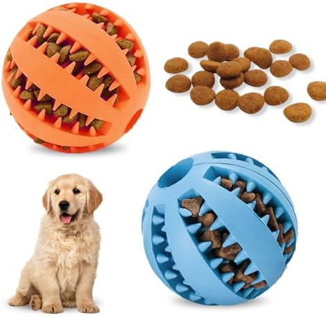2 dispensadores interactivos de golosinas, juguete para perros, pelota de goma para cachorros, perros pequeños, aburrimiento, limpieza dental, entrenamiento de IQ (7 cm, azul, naranja)