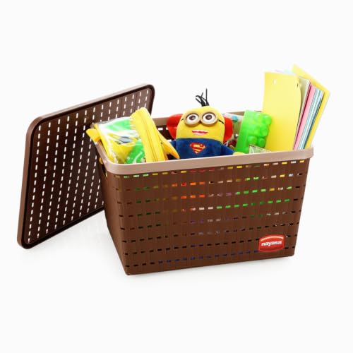 Image of Nayasa Gloria Basket for Storage | Vegetable & Fruit Basket | Storage Box and Organiser Plastic Basket With Lid | Multipurpose Kitchen Organizer Rack | Medium - Set of 3 | DarkBrown