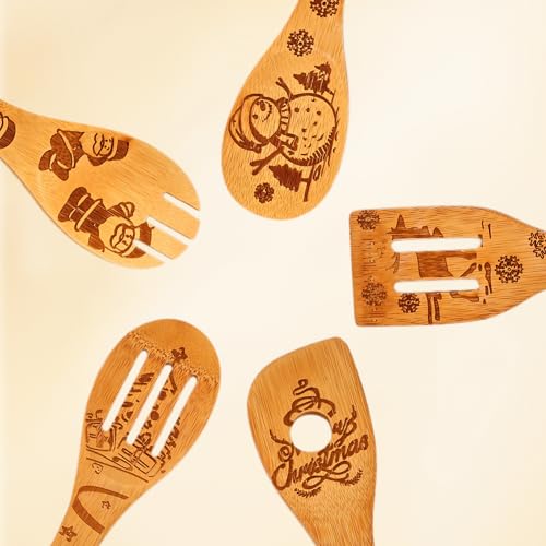 Wooden Utensil Set, Bamboo Utensils 5 pcs Wood Spoons for Cooking, Easy to Clean, Sturdy, Lightweight & Heat Resistant White Elephant Gift by LeafyLane - Used condition - Image 3