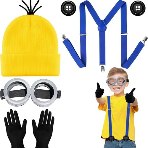 AYNKH 5Pcs Jaune Costume pour Adulte Enfant Jaune Bonnet tricoté Chapeau Gris Lunettes Noir Gants Boutons Bleu Bandoulière Déguisement Costume Accessoires...