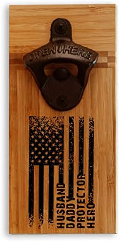 Husband Daddy Protector Hero design Bottle Opener - Wall Mounted - Handmade - 100% Solid Bamboo - Father's Day gift