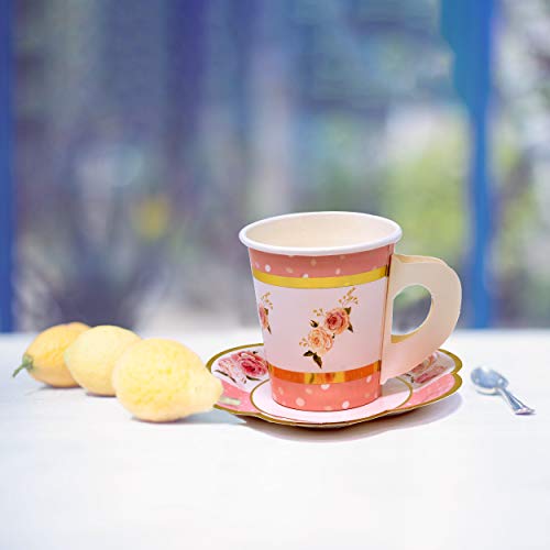 36 Disposable Tea Party Cups 5 Oz 3" 36 Saucers 5" Paper Floral Shaped Plate Teacup Set With Handle For Kids Girls Mom Coffee Mugs Wedding Birthday Baby Bridal Shower Gold Foil & Pink Table Supplies #TOP5