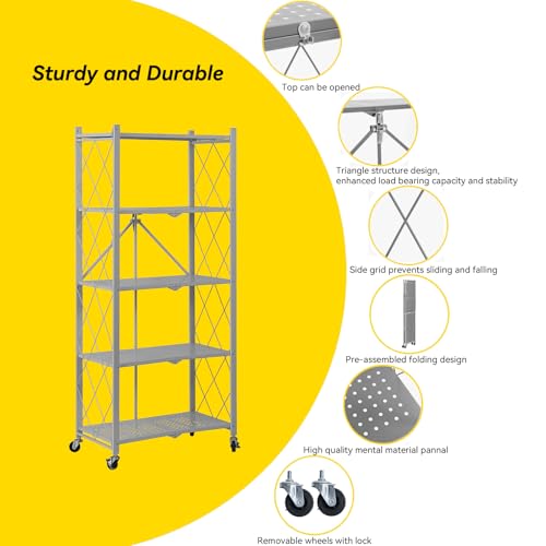 Image of BRIAN & DANY 5-Tier Foldable Storage Shelves with Wheels, Folding Metal Rack Shelving Unit, Heavy Duty No Assembly Organizer Shelf for Garage, Kitchen, Basement, Pantry, Gray