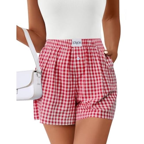 Lomon Boxer Shorts for Women Summer Gingham Pajamas 2026 Lounge Sleep Pj Plaid Shorts Y2K Beach Bottoms with Pockets Red White Plaid Medium