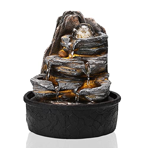 BTGGG Indoor Fountain with Rolling Ball LED Light Indoor Water Features 20.5 * 20.5 * 25CM Desktop Waterfall Fountain for Relaxation, 3 Pin UK Plug Included