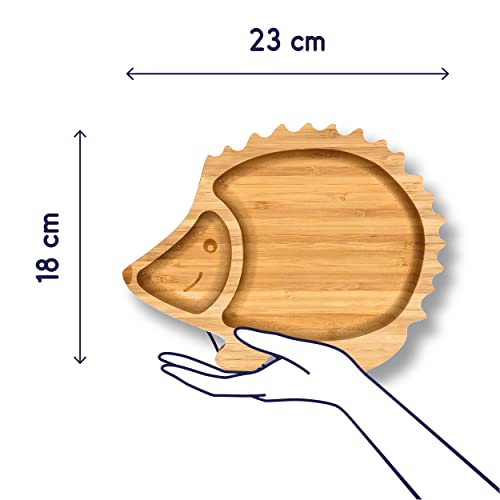 Kleiner Fuchs Hochwertiges Bambus Teller mit Saugnapf, Rutschfestem Saugnapf mit passendem Baby Löffel Macht Mahlzeiten Spaß, Bambus Geschirr Set mit Geschenkbox - Essenlernen mit Igel Design – Bild 5