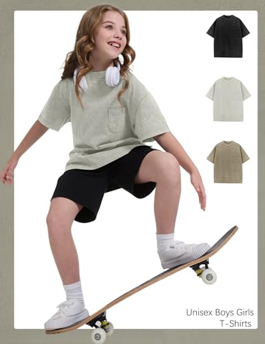 Image of COZYPOIN Unisex Kids Vintage Acid Wash Cotton Tees Crew Neck 3-16Y