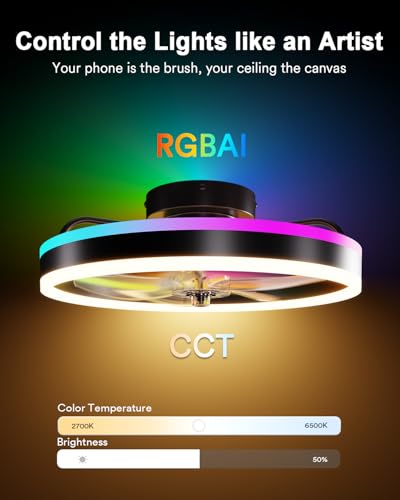 Image of Lumary Smart WiFi Ceiling Fans with Lights, Low Profile Flush Mount Black