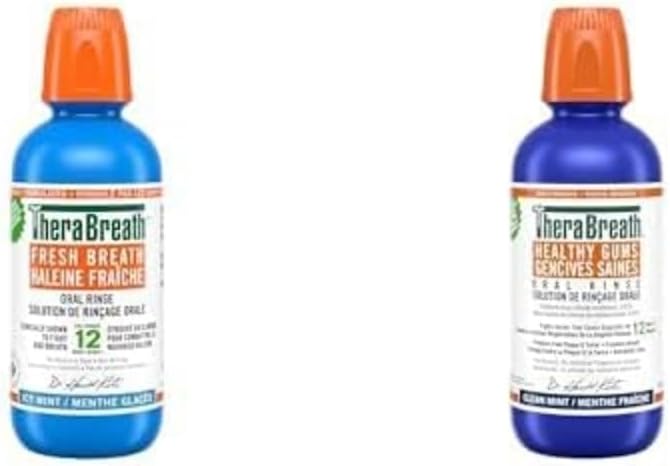 TheraBreath Bundle Pack Mouthwash, Fresh Breath Oral Rinse - Icy Mint, & Healthy Gums Oral Rinse - Clean Mint, 2 x 473 mL