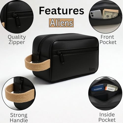 Image of Aliens Multipurpose Travel Organizer Vegan Leather Pouch for Men and Women, Hanging Dopp Kit, Water-Repellent Bag for Toiletry, Shaving Kit, Cosmetics & Makeup, Jewellery, Gadget, Accessories-Black