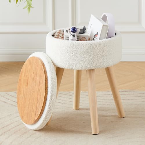 Mxfurhawa Storage Ottoman Foot Stool Teddy Velvet Round Vanity Stool Tray Top Footstool with Wood...