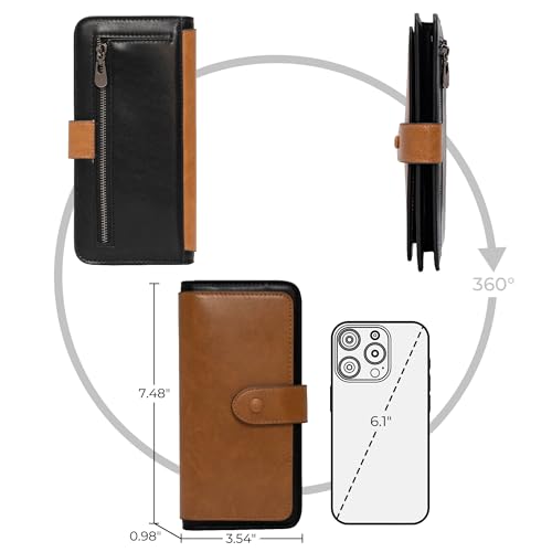 RFID Blocking Leather Wallet for Women, Slim Trifold with 14 Card Slots and Zipper Pocket (Brown&Black)4