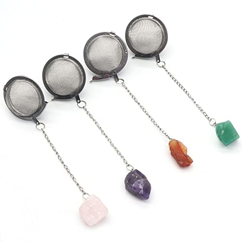 5 Pcs Tea Filter Stainless Steel with Crystal Energy Stone Tea Strainers with Fine Mesh Extend Chain Hook Tea Ball Infuser for Loose Tea Leaves Spices Seasonings