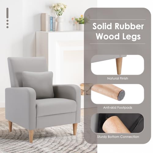 Image of COLAMY Mid-Century Modern Accent Chairs Set of 2, Faux Leather Upholstered Living Room Chairs with Back Pillow & Solid Wood Legs, Comfy Armchair for Living Room, Bedroom, Single Sofa, Light Grey