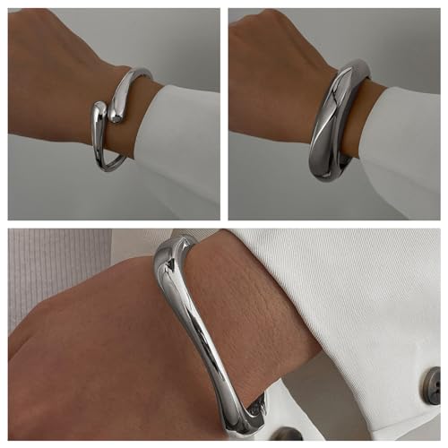 3PCS Stackable Bangle Bracelets for Women - Gold and Silver Chunky Wide Cuff Bracelets Set, Trendy Dainty Jewelry Gifts4