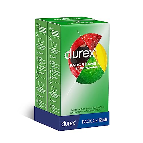 Durex Preservativos Saboréame, Sabores Afrutados Para una Diversión Extra, Fresa, Plátano, Naranja y Manzana, 2x12 condones