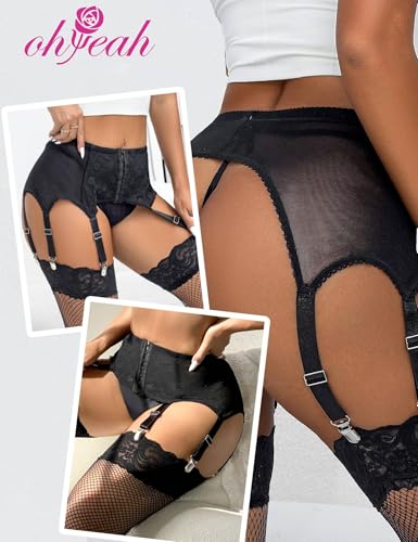 ohyeah High-Waisted Garter Belt Plus Size- Lace Mesh Suspenders Belt with 6 Metal Clip for Thigh Highs Garter Stockings3