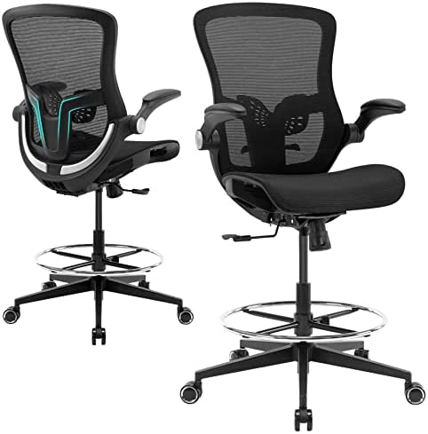 Luckyear Drafting Chair,Ergonomic Drawing Chair,Mesh High Desk Chair,Counter Height Desk Chair,Big and Tall Office Chair with Adjustable Foot Ring,Standing Desk Chair with Lumbar Support (Black)