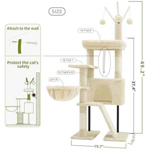 Image of Gitelsnour Cat Tree Tower for Indoor Cats, Top Platform with Toy, GCT006SM | 49.2 inch Cat Condo House, Sturdy Base, Scratching Post & Board, 3 Balls, Hanging Basket, Small Cats and Kittens, Beige
