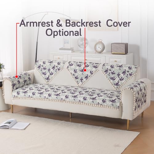 Image of HOKIPO Lavender Vine Quilted Sofa Cover 5 Seater Set with Tassels - Washable 3+2 Sofa Cover Mat |'Tassel Twigs' Series (IN-985-T1 + IN-983-T1)