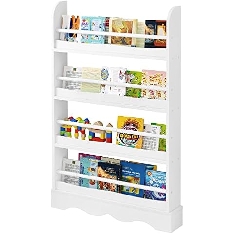 Lestarain Children’s Bookcase 4-Tier Toy Storage Unit with Open Shelves, Montessori Kids Bookshelf Wooden Small Wall Bookcase,80x12x118cm Front Facing Bookshelf for Children’s Room, Playroom, White Cover