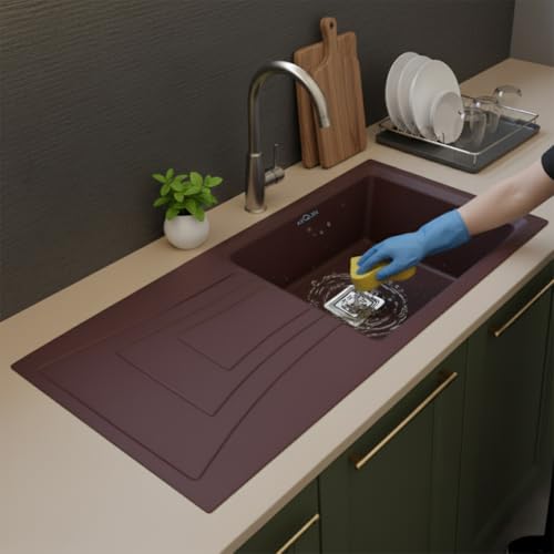 Image of ARQUIN Quartz Kitchen Sink with Drainboard 36x18x9 Inch Brown Granite sink for kitchen basin,UV Protected, Undermount | Topmount Including Coupling, Waste Pipe & Strainer Basket