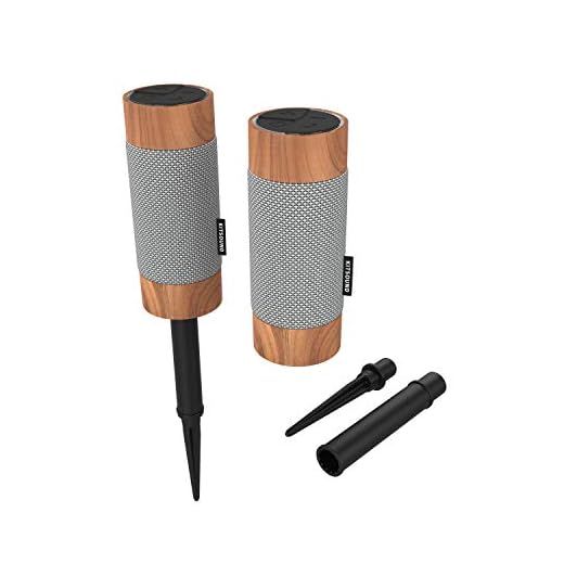 KitSound Diggit Twin Pack Outdoor Freestanding Bluetooth Garden Speaker with Removable Stake, Silver/Wood