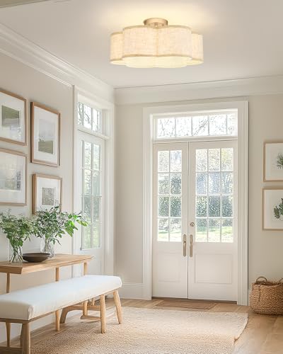 Image of Semi Flush Mount Ceiling Lights, 6-Light 18 inch Gold Light Fixtures Ceiling Mount with Fabric Shade in Flower Shape, Drum Lighting Fixture for Nursery Bedroom Kitchen, AD-22007-6SF-GD-B
