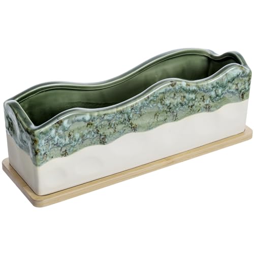 MyGift 13 Inch Large Rectangular Succulent Planter, Decorative Seafoam Green Glazed Beige Ceramic Indoor Plant Container Pot with Removable Bamboo Tray