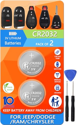 Key Fob Replacement Batteries for Jeep Dodge Ram Chrysler (Cherokee Caravan Town & Country Charger Compass Durango Challenger Journey Renegade Pacifica Patriot) Remote Fobik (2-Pack) (Check Fit Guide)
