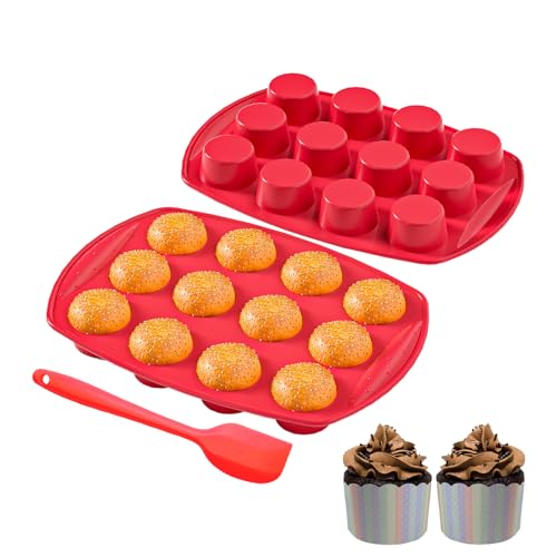 Ronde Moules à Muffins 12Cup avec Spatule, Plateau à Muffins En Silicone, Moule àPâTisserie pour Cupcakes, Brownies, Muffins, Pudding, Bouchées aux oeufs（2pcs）