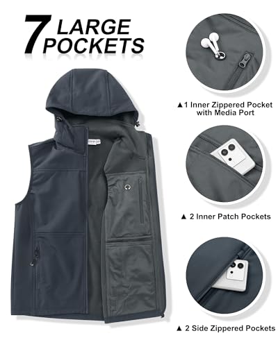 Image of 33,000ft Men's Lightweight Softshell Vest Hooded Outerwear Zip Up Fleece Lined Windproof Sleeveless Jacket for Golf Running