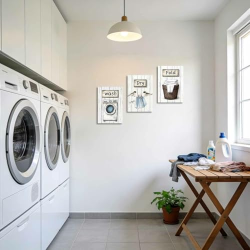 ZXHYWYM 3Pcs Laundry Room Canvas Wall Art Rustic Farmhouse Laundry Sign Picture Prints Wash Dry Fold Art Poster Vintage Country Paintings Gray White Bathroom Decor (30x40cmx3 Pieces)
