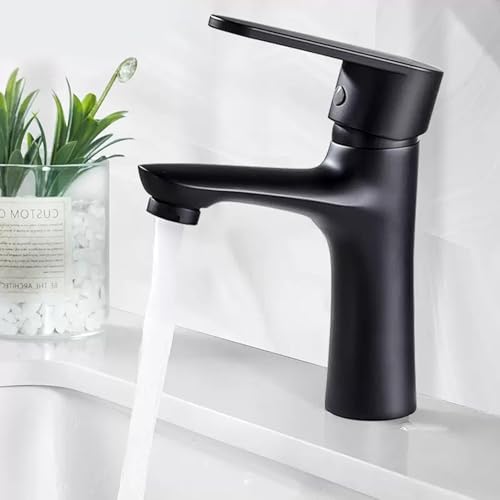 XWIHTR Grifo de baño de agua caliente y fría de acero inoxidable con cartucho cerámico silencioso, monomando, mezclador de ahorro de agua para baño, lavabo, cocina pequeña (negro)