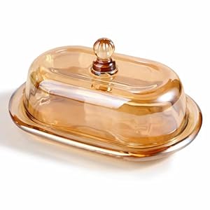 Champagne Vintage Glass Butter Dish with Lid for Countertop, Large Glass Butter Dish with Cover for Refrigerator, Crystal Covered Butter Holder Tray