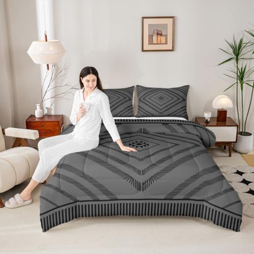 Image of Feelyou Aztec Comforter Set Twin Size Boho Bedding Set for Kids Boys Girls Black Moroccan Style Duvet Quilt Classic Diamond Pattern Bedroom Decor Microfiber 2 Pcs with 1 Pillow Cases