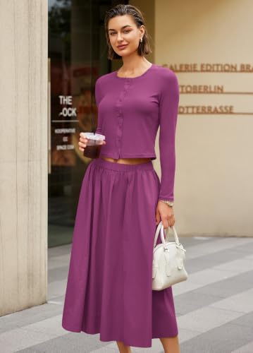 Image of Panadila Womens 2 Piece Lounge Sets Matching Vacation Outfits Ribbed Button Down Cardigan and Elastic Waist Skirt Sets