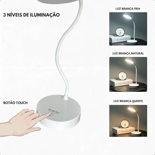 Luminaria de Mesa Led Articulavel com 3 Níveis de Luminosidade Bateria Recarregável Ideal para Estud