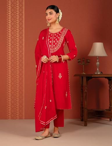 Image of Kaari Women's Embroidered Kurta Set with Dupatta - Straight Fit | Silk Blend Fabric with Zari Embroidery | Gota Patti Work Cotton Dupatta | Kurta Set For Women