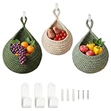 3 Stück Obstkorb Hängend, Hängekorb mit Haken und Klebehaken, Geflochten Hängekorb Obst Wandkorb Hängend Gemüsekorb Geflochten Obstkorb, Dekorativer Gemüsekorb für Küche und Wohnzimmer (Grün, Beige)