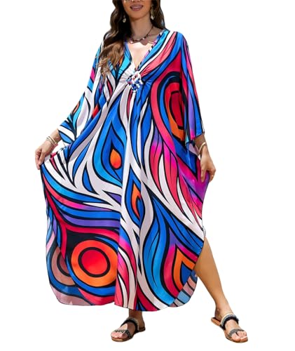 Image of IMAGEKOPE Women's Plus Size Animal Print V-Neck Batwing Kaftan Beach Dress Bathing Suit Cover-Up Loungewear