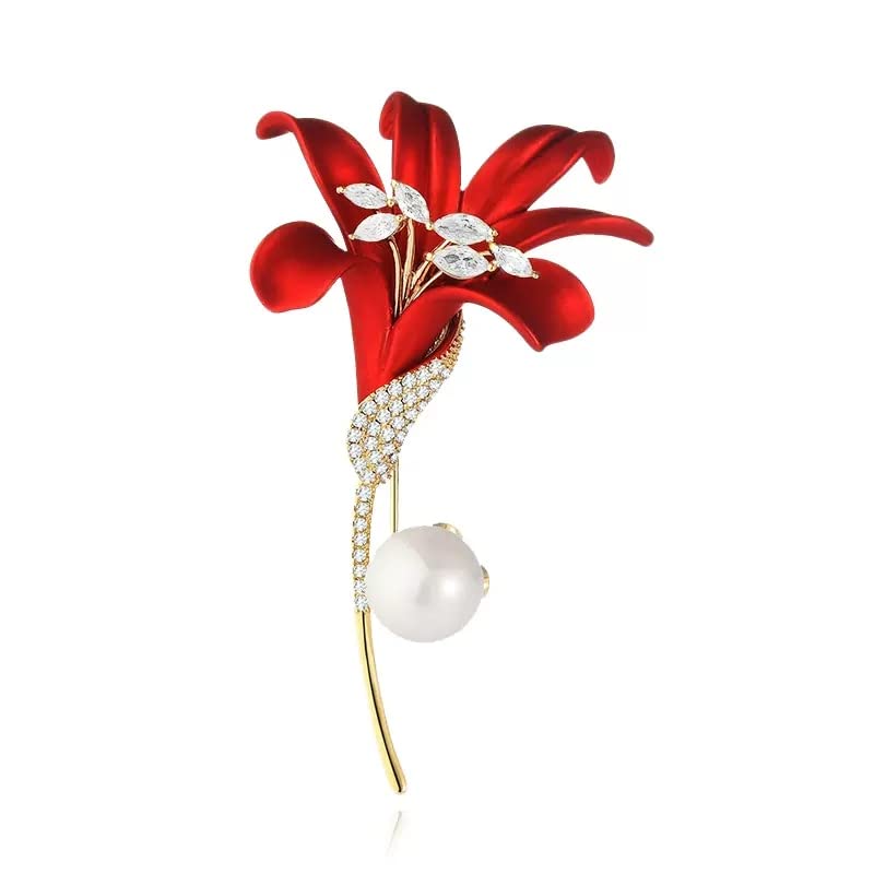 Broches fleur de lys rouges pour femmes avec perles et bijoux à la mode