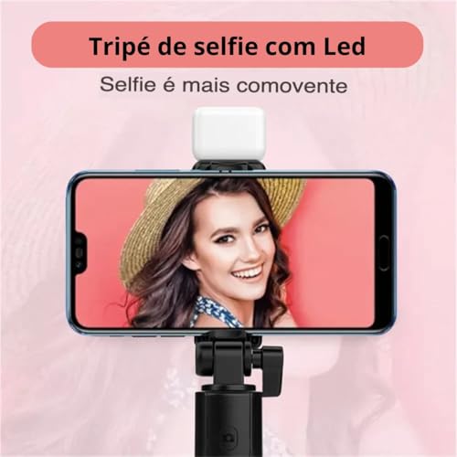 Tripé Bastão Pau De Selfie Com Led Bluetooth Retrátil Para Celular Com Controle Remoto (Rosa)
