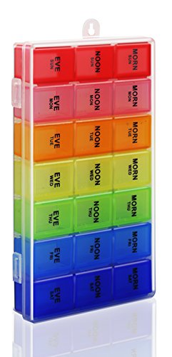 Pill Organizer Box Weekly Case, Medicine Organizer, Vitamin Organizer, Rainbow Reminder Daily Am PM, Day Night Compartments 7 Days (Large Size)