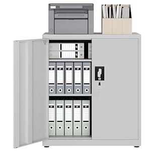 LAND·VOI Stahlschrank 3 Ebenen mit Schloss verstellbare Einlegeböden Doppeltüren Aktenschrank Werkzeugschrank für Büro Garage Haushalt Werkstatt 80x40x91.5 cm Hellgrau