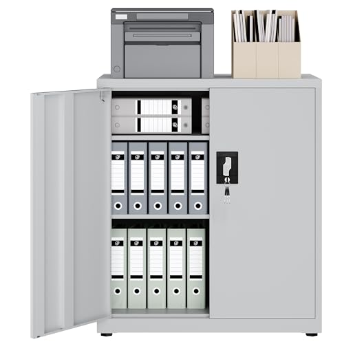 LAND·VOI Armario de Acero 3 Estantes con Cerradura Estantes Ajustables Puertas Dobles Armario de Oficina Mueble de Metal para Oficina Garaje Cocina Taller 80×40×91.5 cm Gris Claro