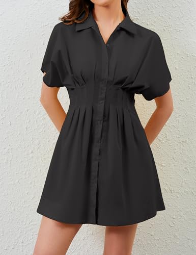 Women Button Front Pleated Shirt Dresses Summer Casual Short Sleeve Pleated Blouse Mini Dress3